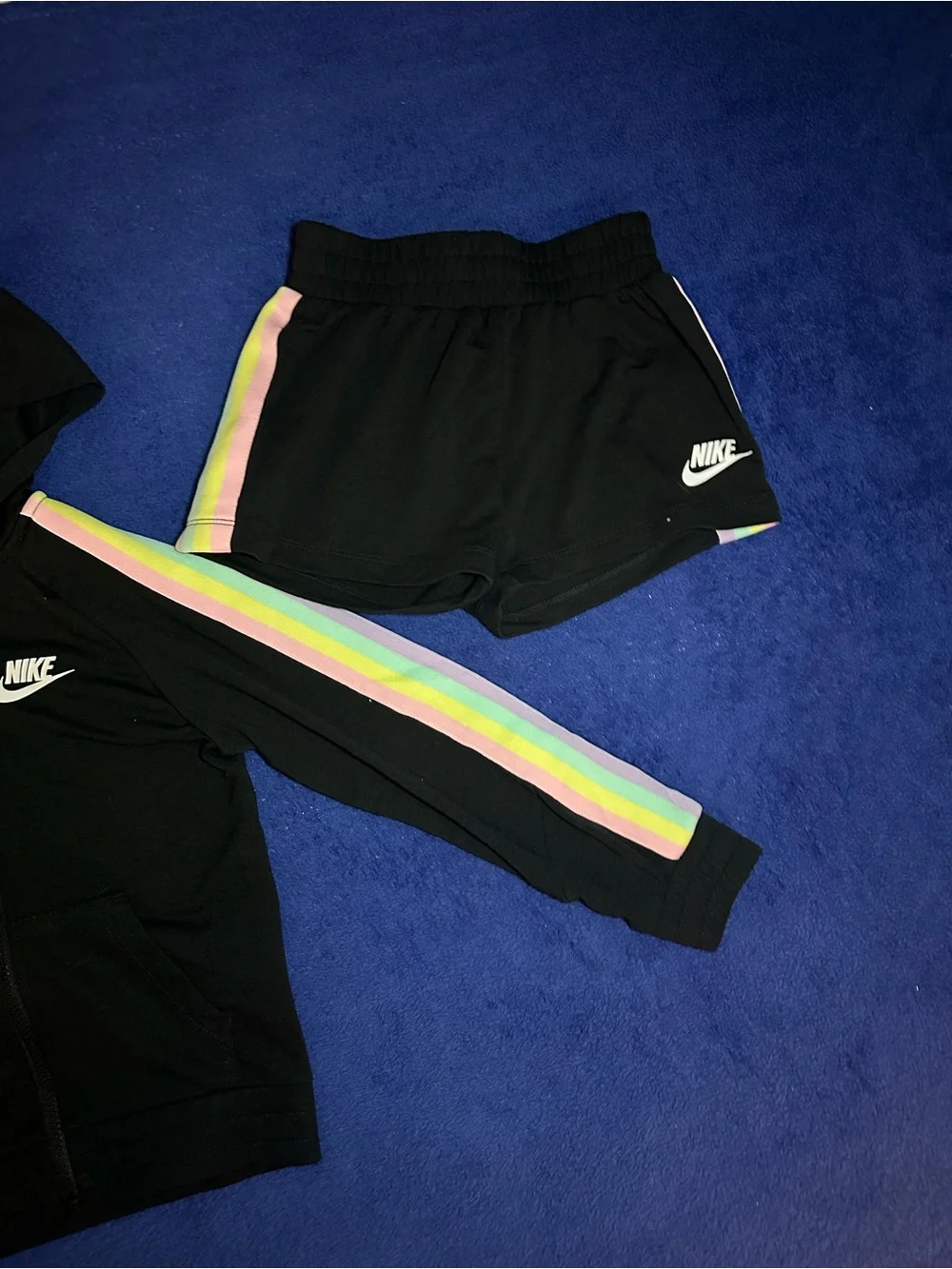 New Nike Girls Black/Pastel Stripe Hoody & Shorts Summer Set Size 6X NWT